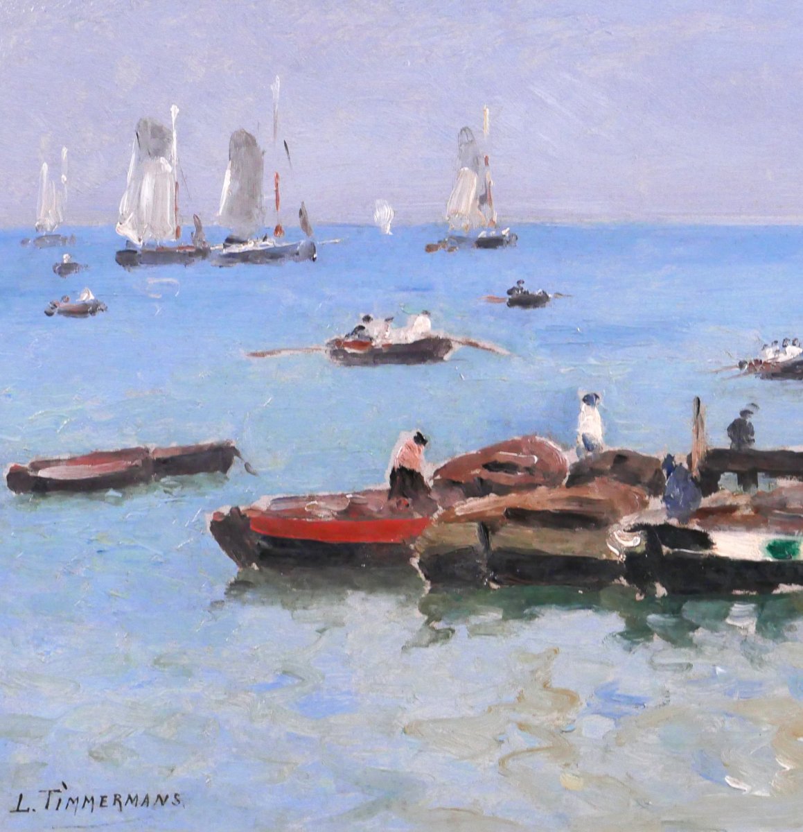 Louis Timmermans 1846-1910 Brittany, Boats And Fishermen, Painting, Circa 1900, Seascape-photo-3