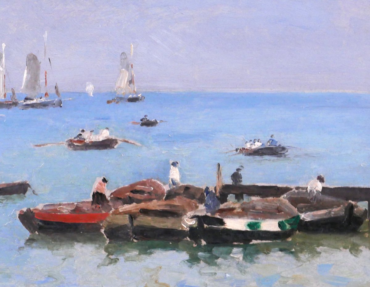 Louis Timmermans 1846-1910 Brittany, Boats And Fishermen, Painting, Circa 1900, Seascape-photo-2