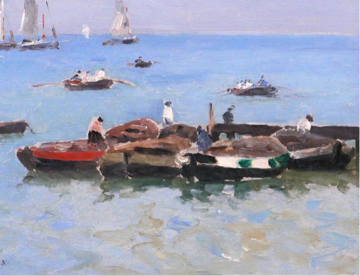 Louis Timmermans 1846-1910 Brittany, Boats And Fishermen, Painting, Circa 1900, Seascape-photo-3