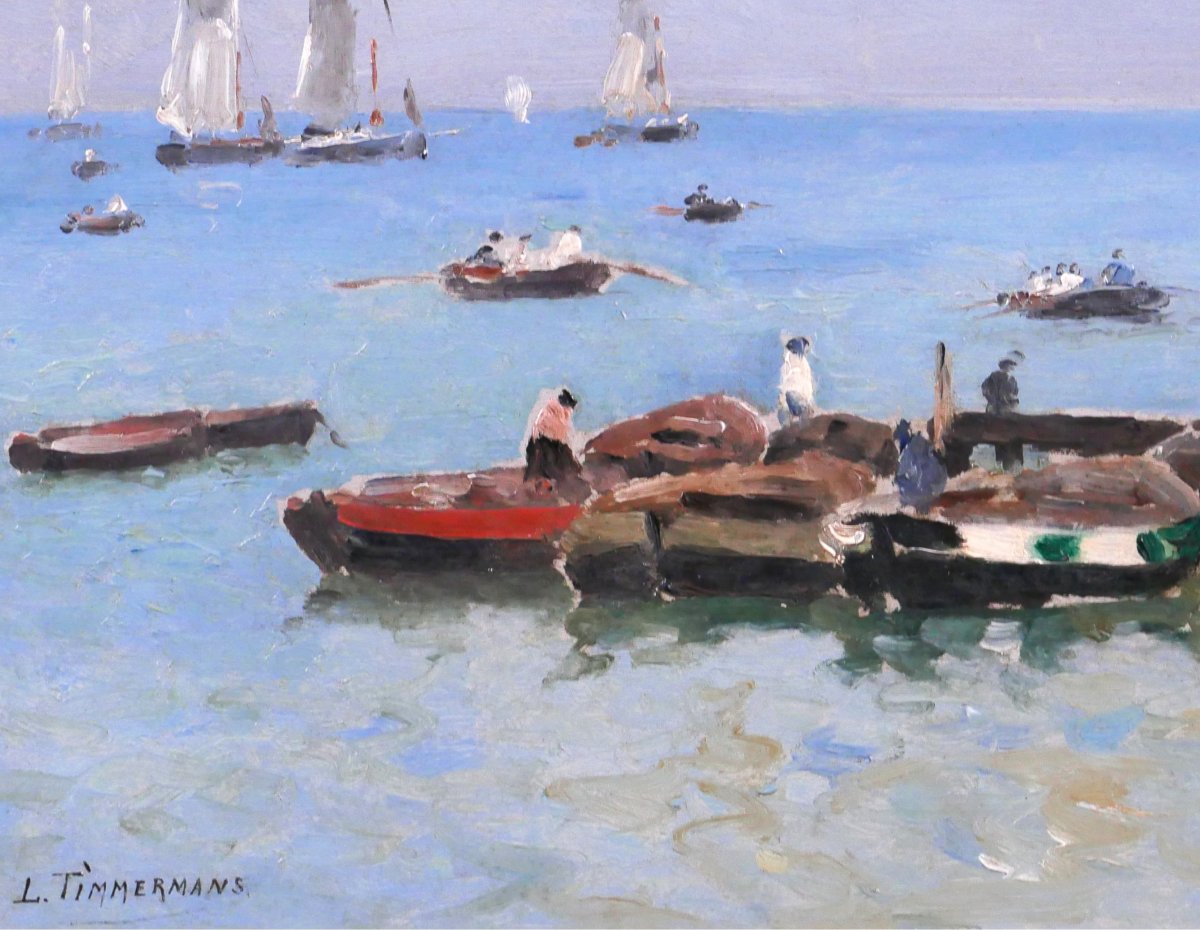 Louis Timmermans 1846-1910 Brittany, Boats And Fishermen, Painting, Circa 1900, Seascape-photo-4