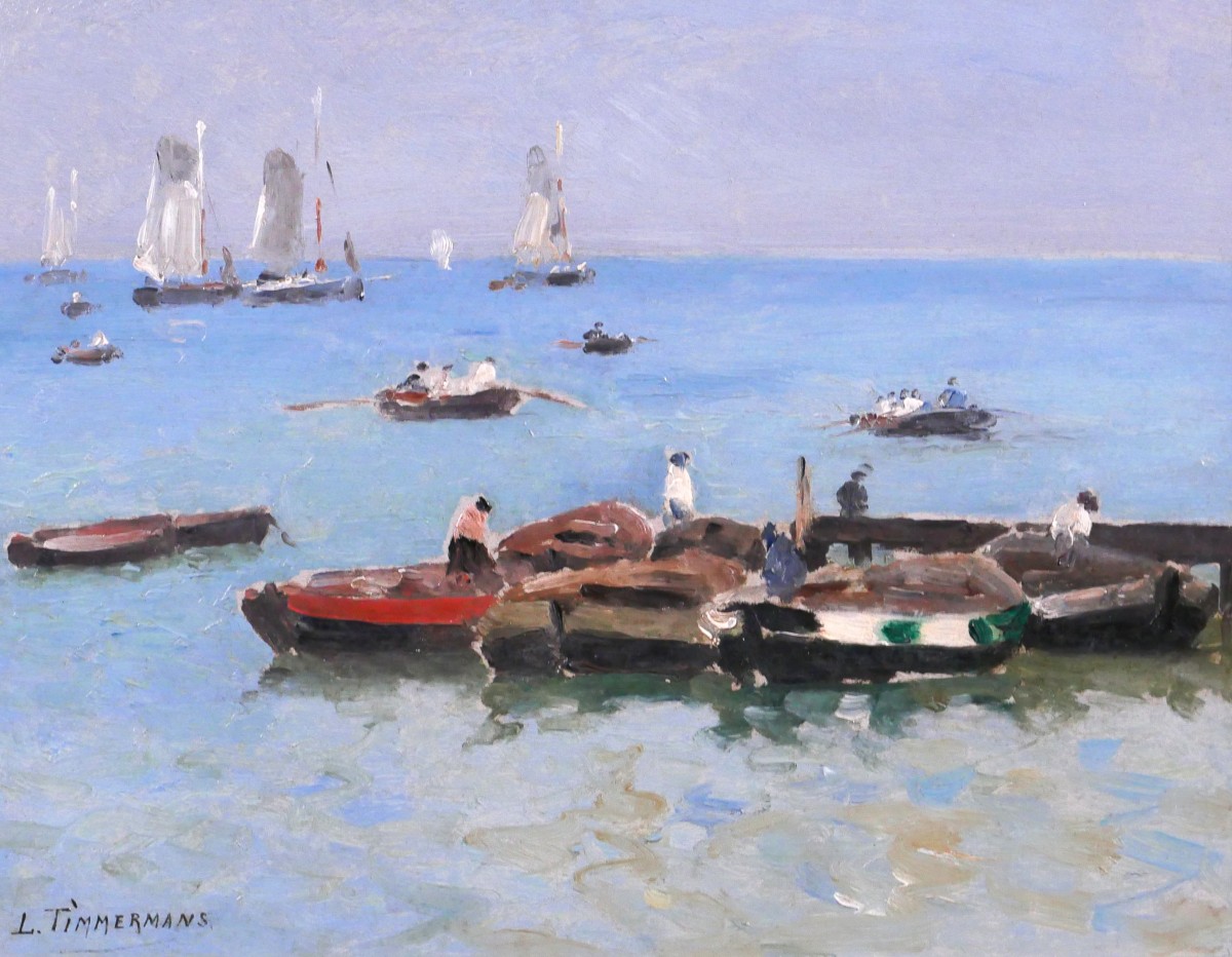 Louis Timmermans 1846-1910 Brittany, Boats And Fishermen, Painting, Circa 1900, Seascape