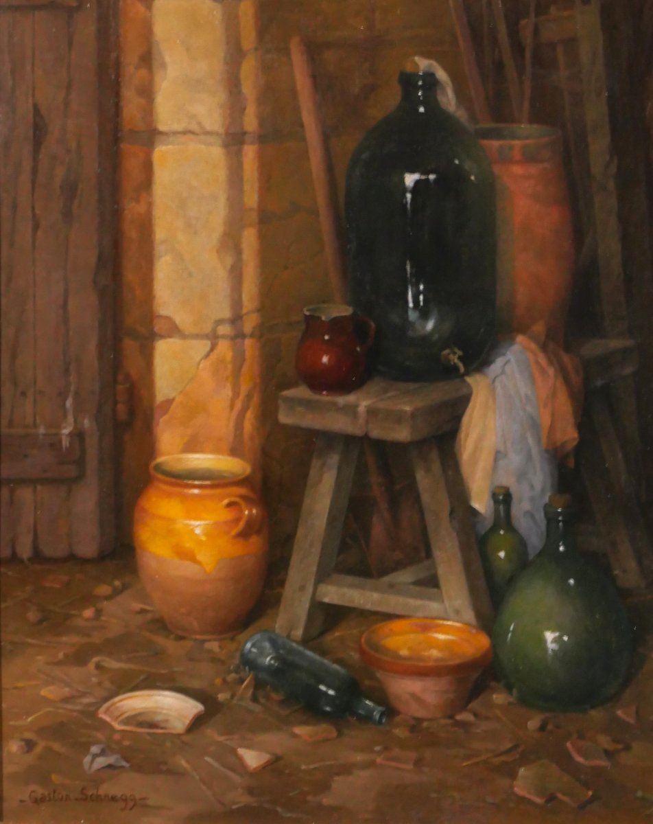 Gaston Schnegg 1866-1953 Still Life With Pots At The Farm, Painting Circa 1920 Bordeaux-photo-4