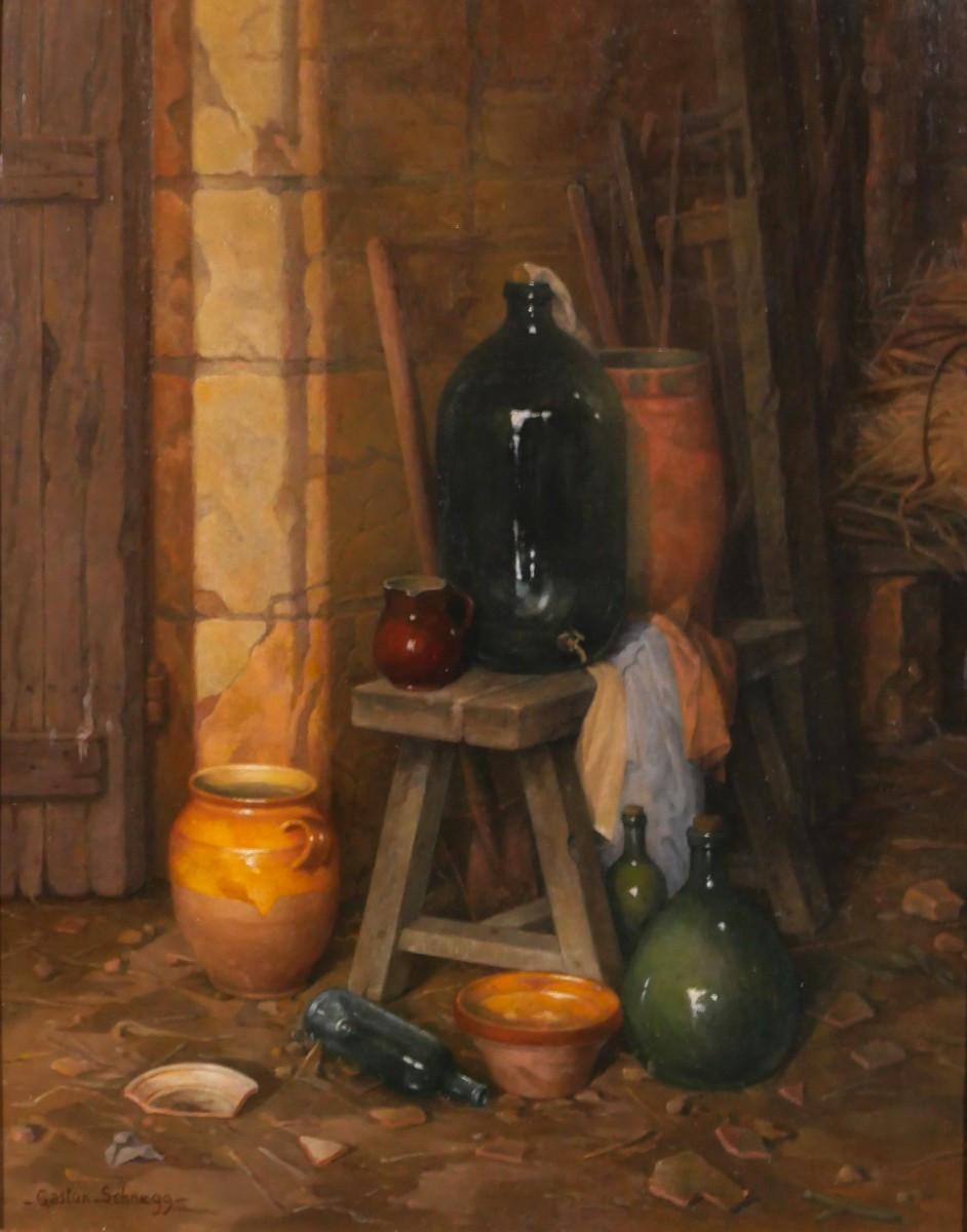 Gaston Schnegg 1866-1953 Still Life With Pots At The Farm, Painting Circa 1920 Bordeaux