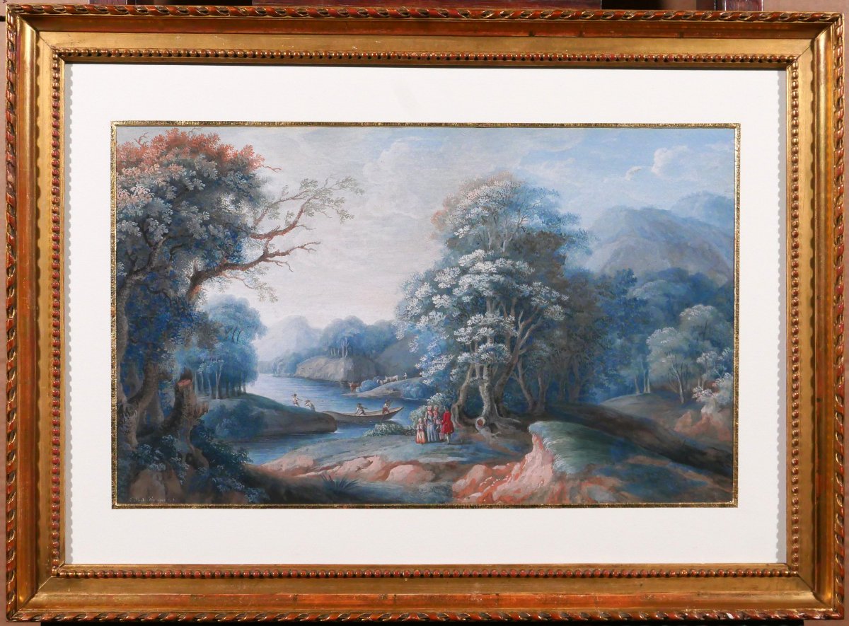 R. Buisson De Baraignie, Drawing 1780 Landscape, Neoclassical Gouache Painting-photo-2