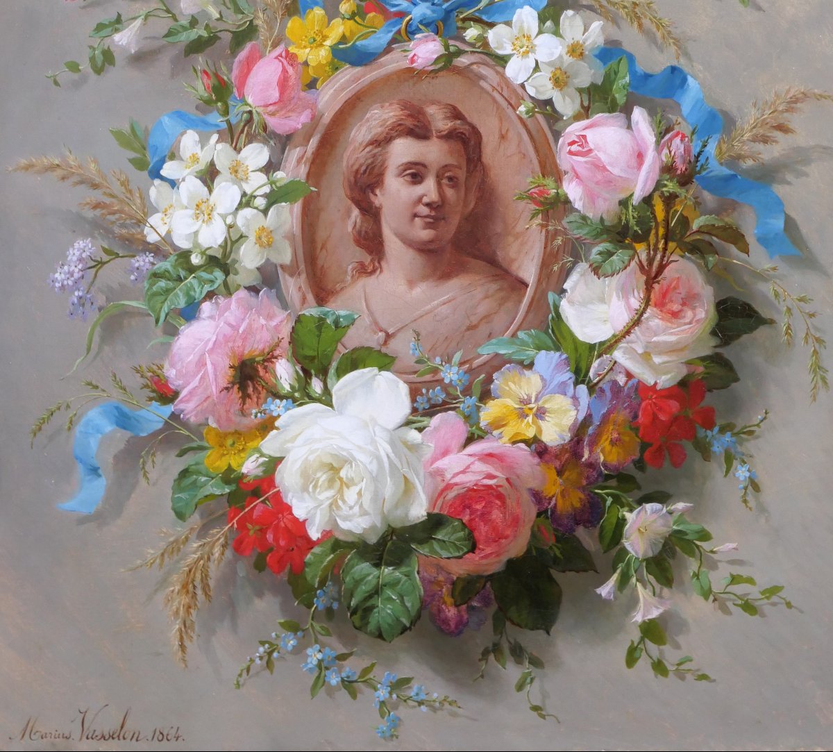 Marius Vasselon 1841-1924 Summer Flowers And Portrait Of A Woman, Painting, 1864 Still Life Bouquet-photo-4