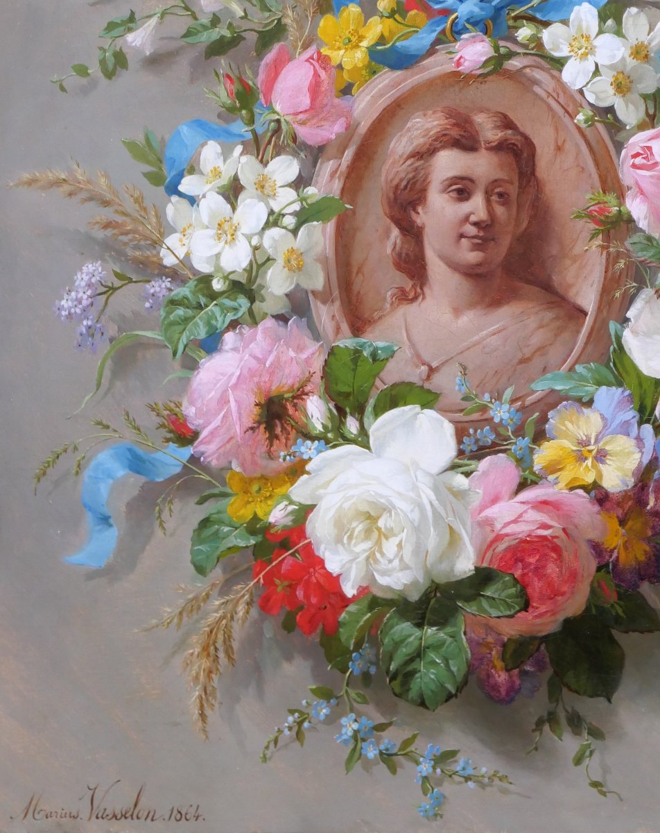 Marius Vasselon 1841-1924 Summer Flowers And Portrait Of A Woman, Painting, 1864 Still Life Bouquet-photo-4