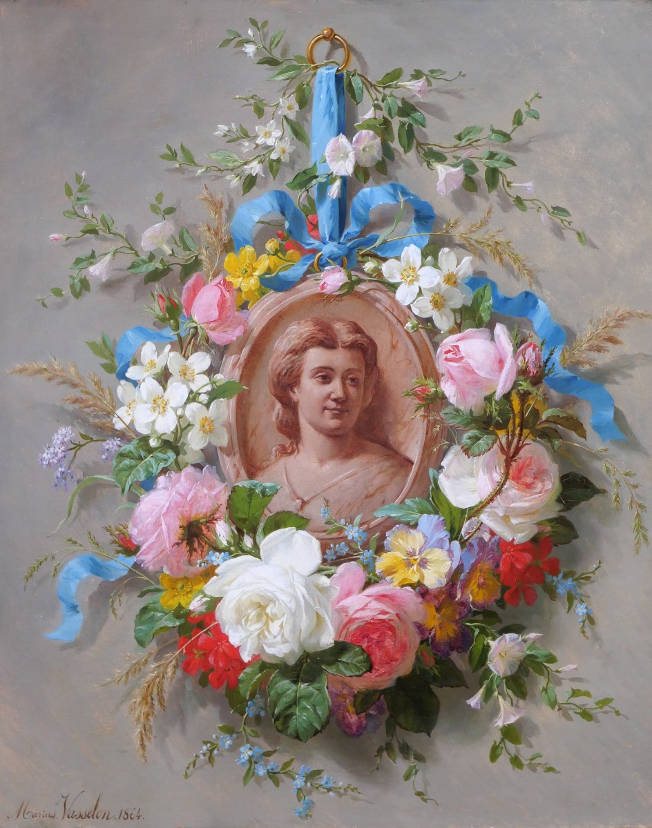 Marius Vasselon 1841-1924 Summer Flowers And Portrait Of A Woman, Painting, 1864 Still Life Bouquet