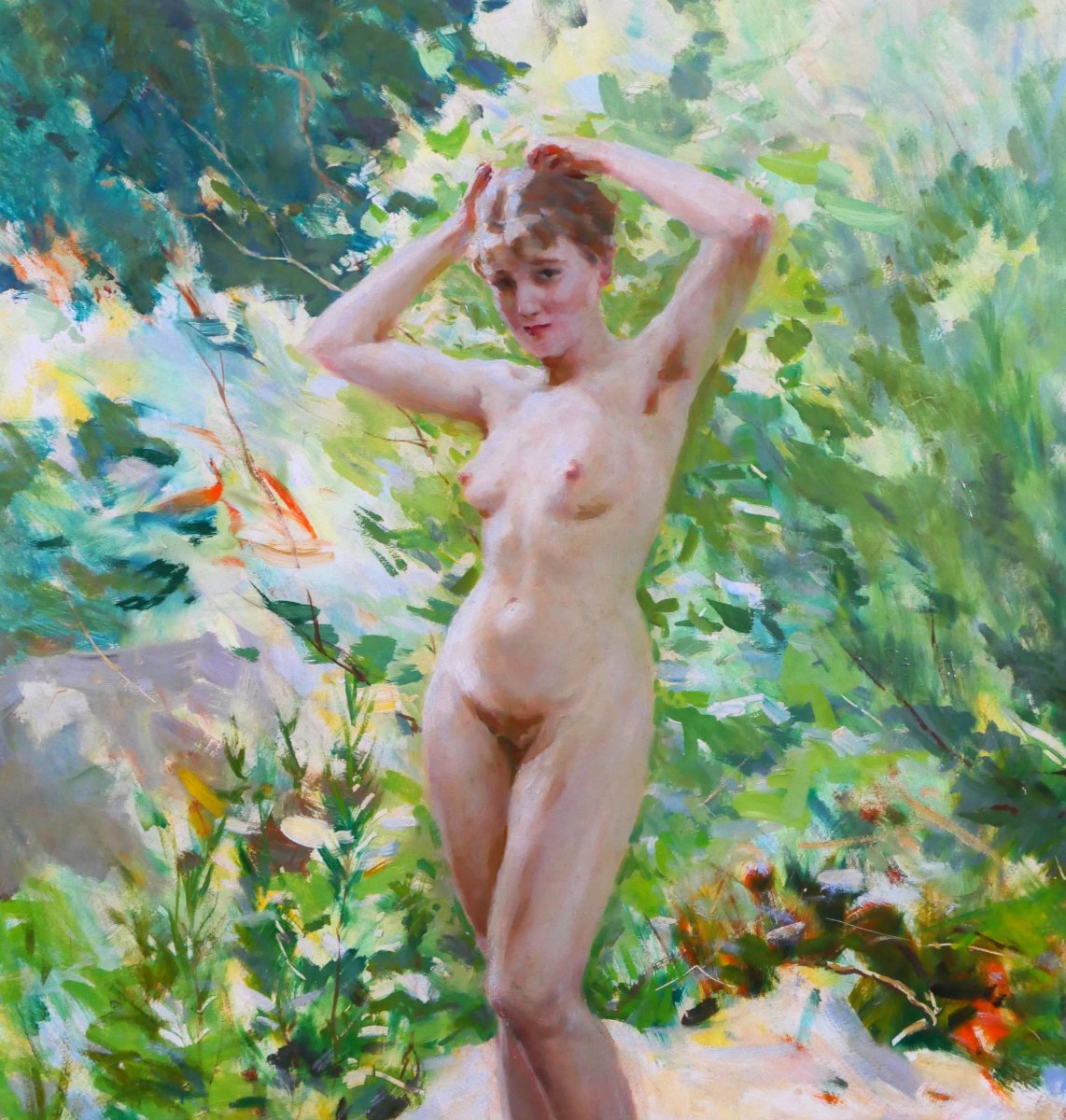 Lucien Grandgérard 1880-1970 Nude Oman In The Garden, Painting 1940, Post-impressionist Academy-photo-3