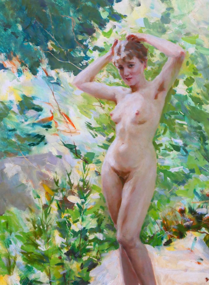 Lucien Grandgérard 1880-1970 Nude Oman In The Garden, Painting 1940, Post-impressionist Academy-photo-1