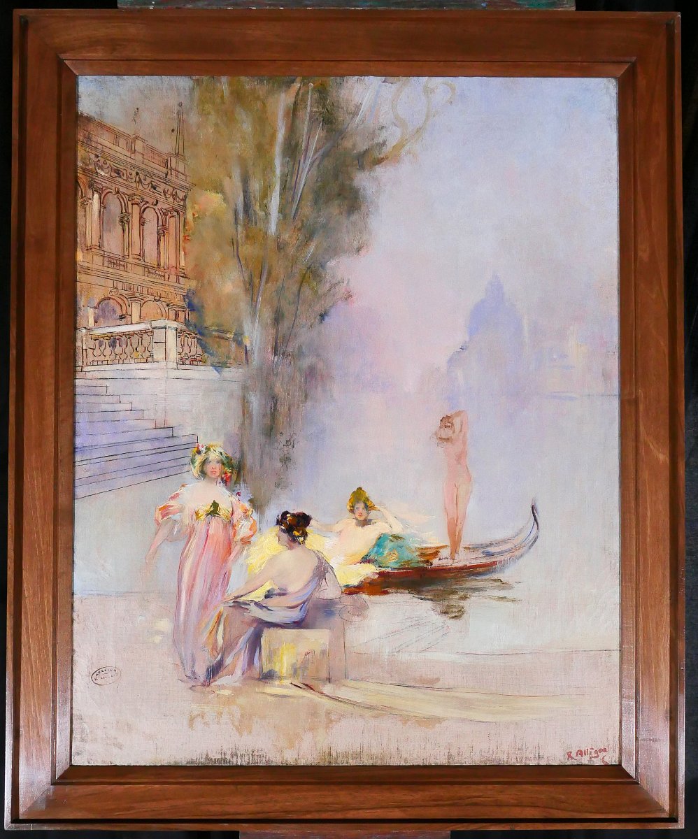 Raymond Allègre 1857-1933 Venice, Women In Front Of A Palace, Painting, Circa 1900, Italy-photo-2