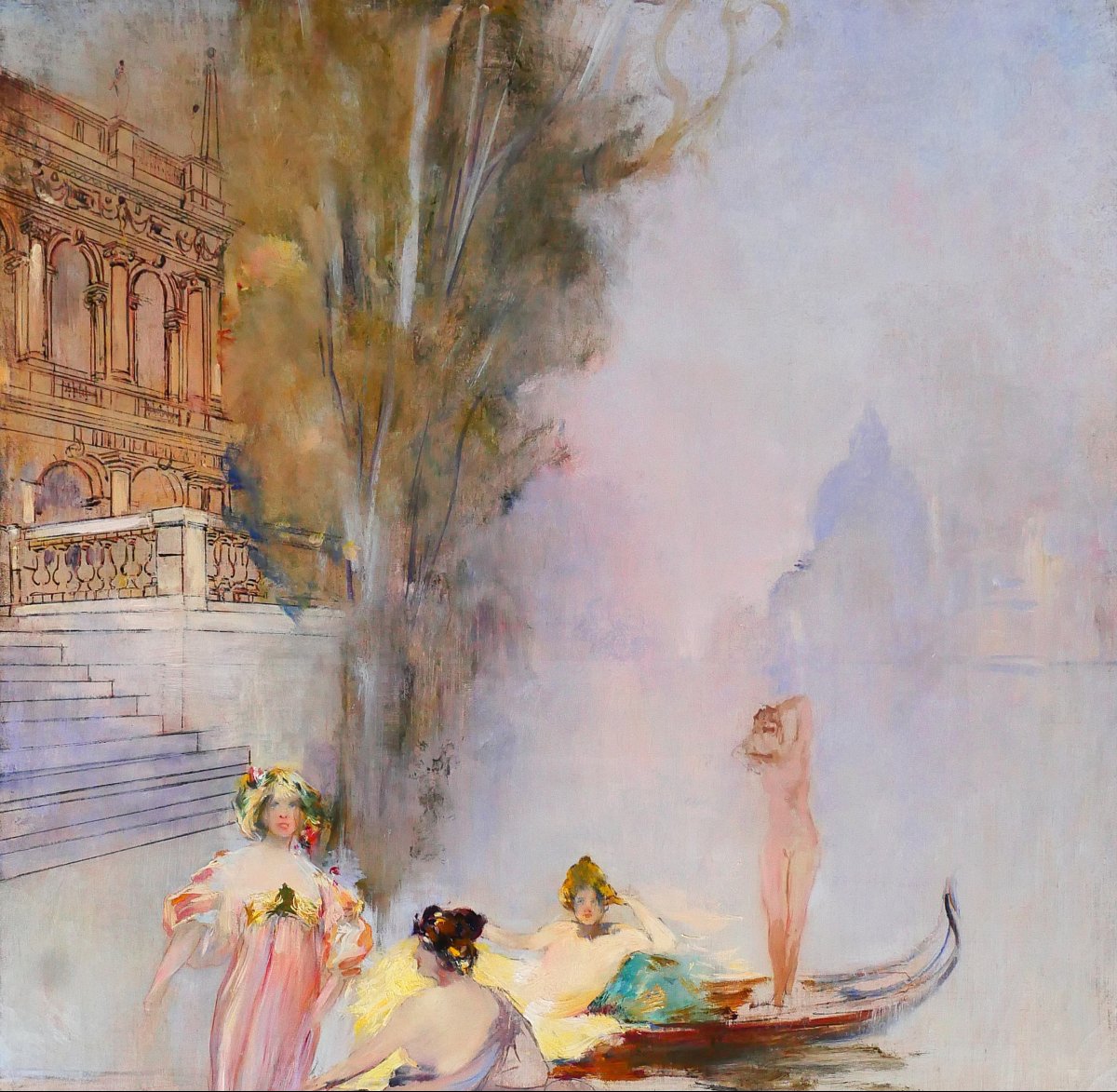 Raymond Allègre 1857-1933 Venice, Women In Front Of A Palace, Painting, Circa 1900, Italy-photo-3