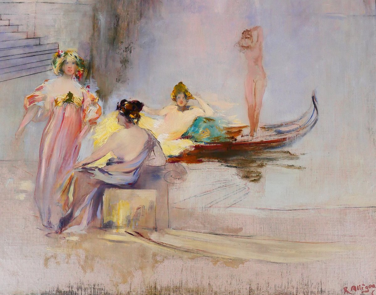 Raymond Allègre 1857-1933 Venice, Women In Front Of A Palace, Painting, Circa 1900, Italy-photo-3