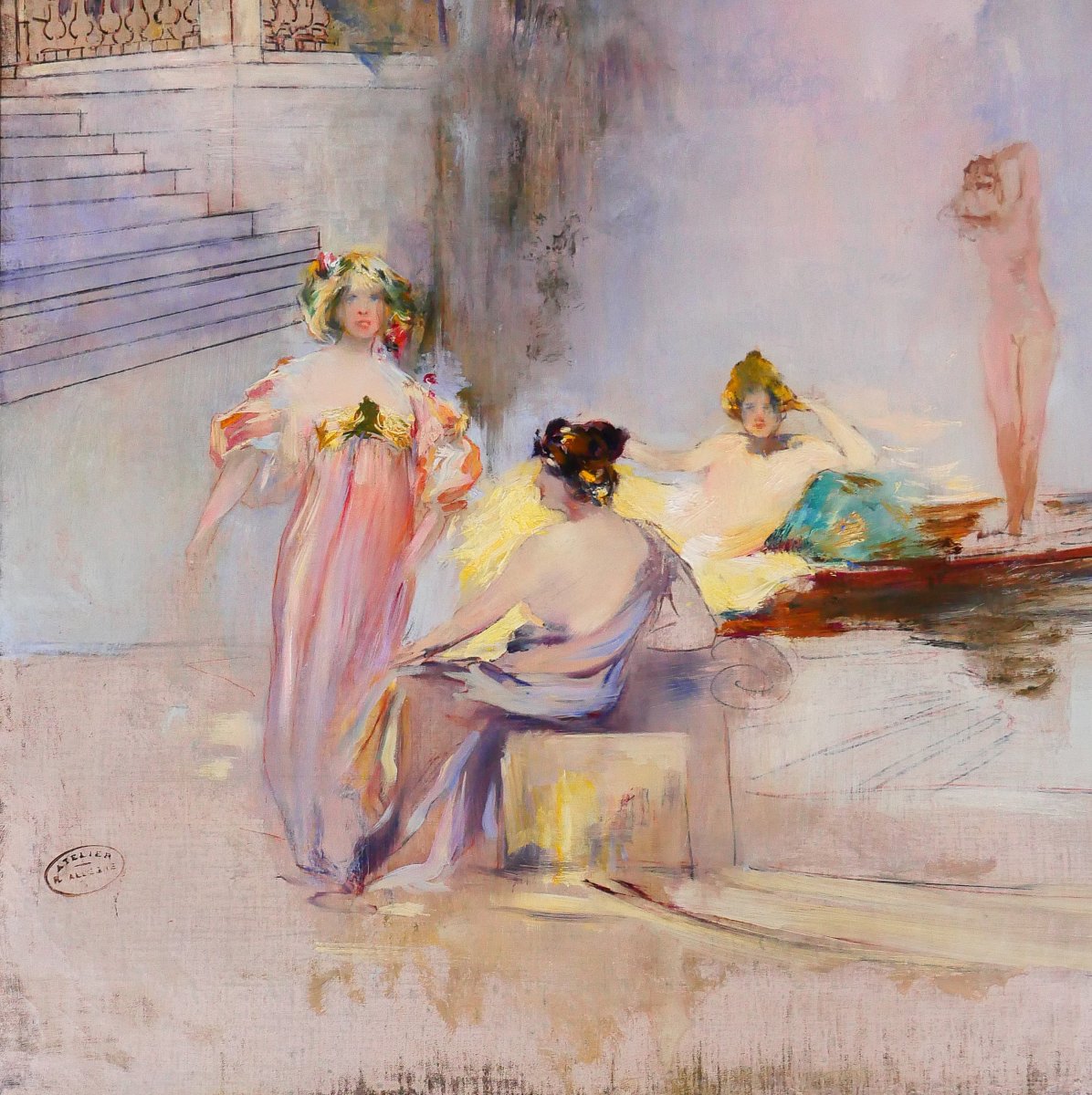 Raymond Allègre 1857-1933 Venice, Women In Front Of A Palace, Painting, Circa 1900, Italy-photo-4