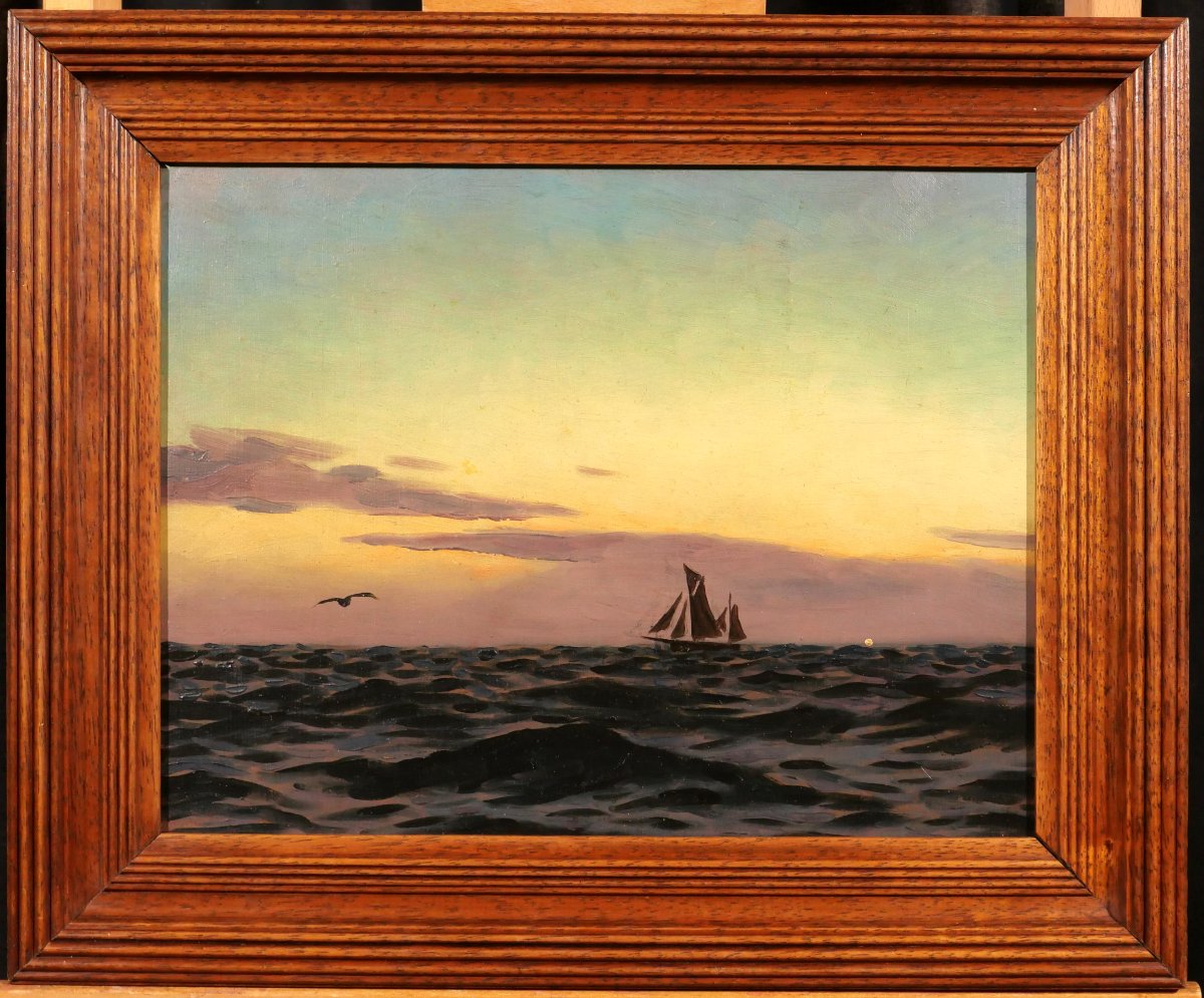 Alexandre Brun 1853-1941 Seascape, Sunset, Painting, Circa 1900, Boat-photo-2