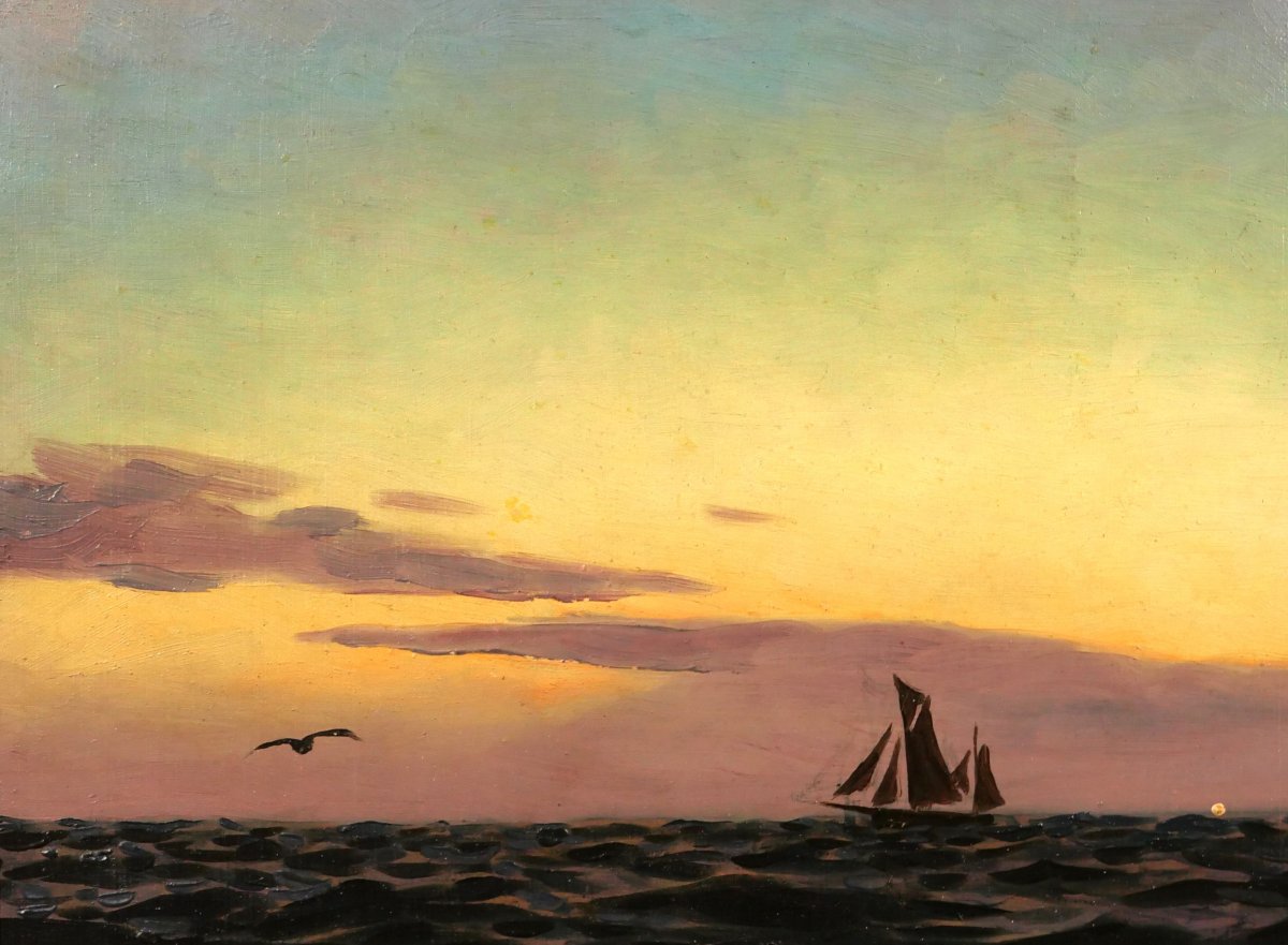 Alexandre Brun 1853-1941 Seascape, Sunset, Painting, Circa 1900, Boat-photo-1