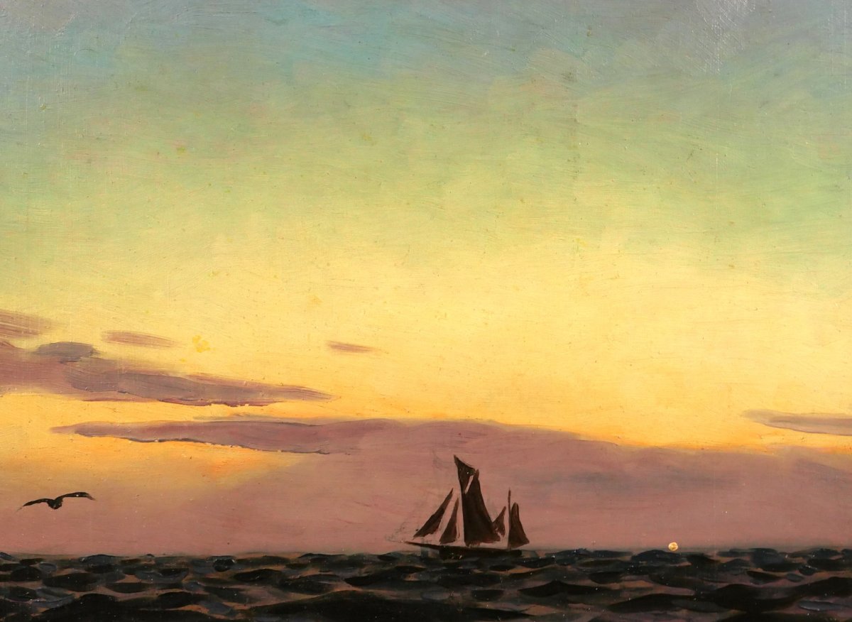 Alexandre Brun 1853-1941 Seascape, Sunset, Painting, Circa 1900, Boat-photo-2