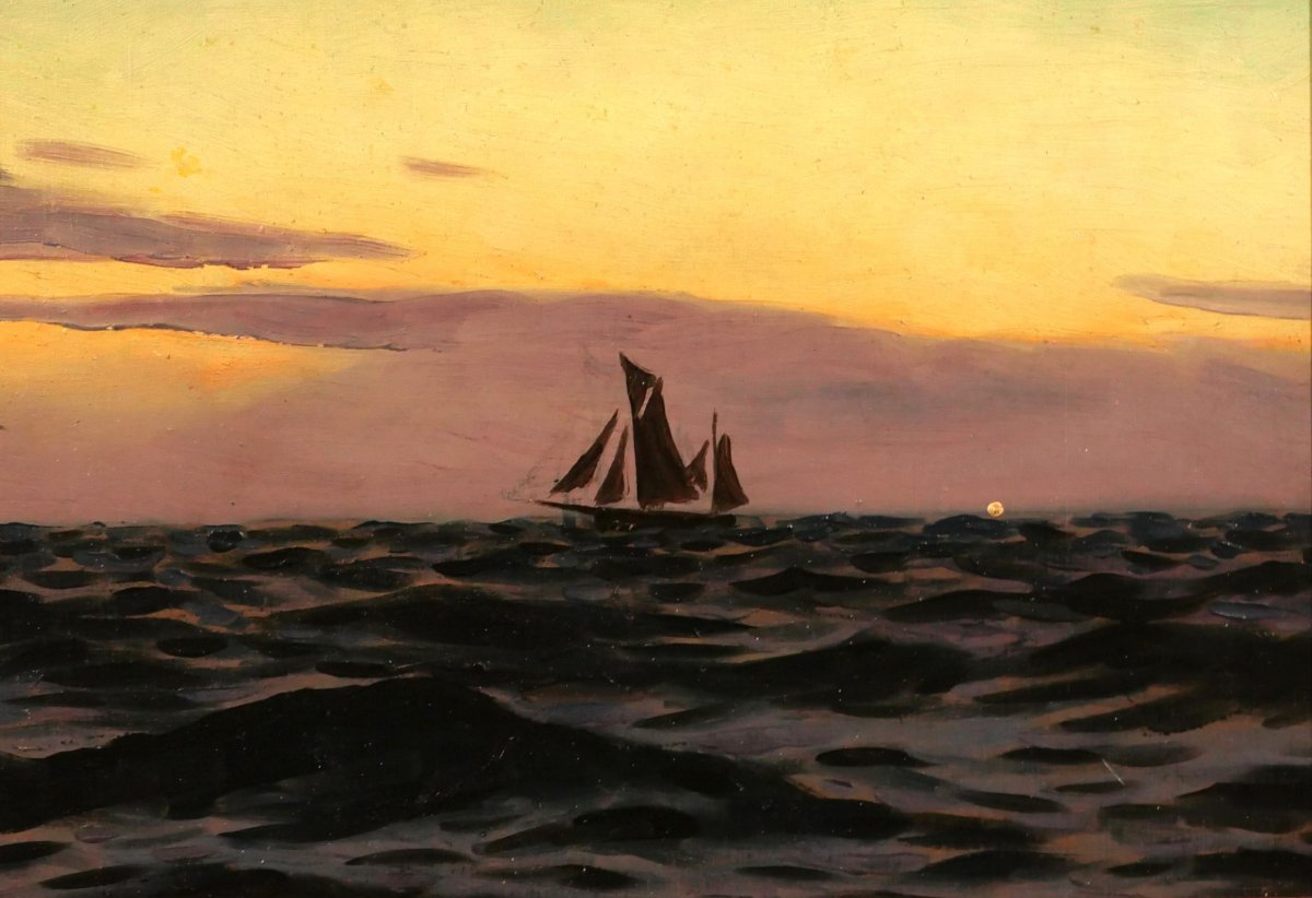 Alexandre Brun 1853-1941 Seascape, Sunset, Painting, Circa 1900, Boat-photo-3