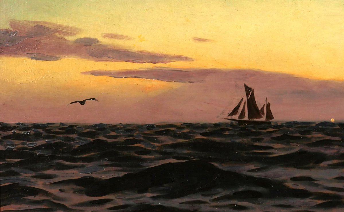 Alexandre Brun 1853-1941 Seascape, Sunset, Painting, Circa 1900, Boat-photo-4