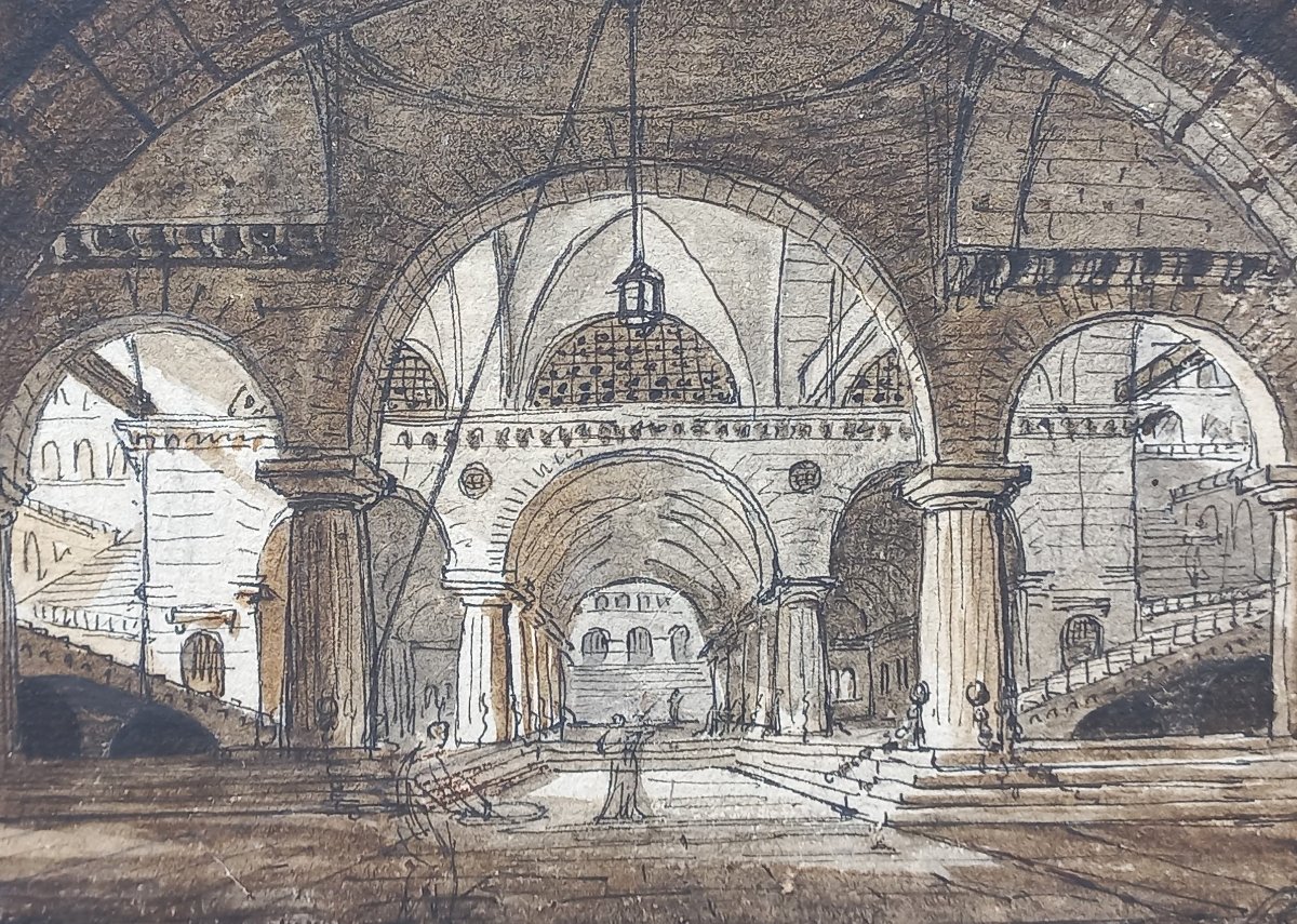 Jean-Baptiste COSTE 1746-1819 Architecture imaginaire vers 1780 dessin néoclassique perspective-photo-5