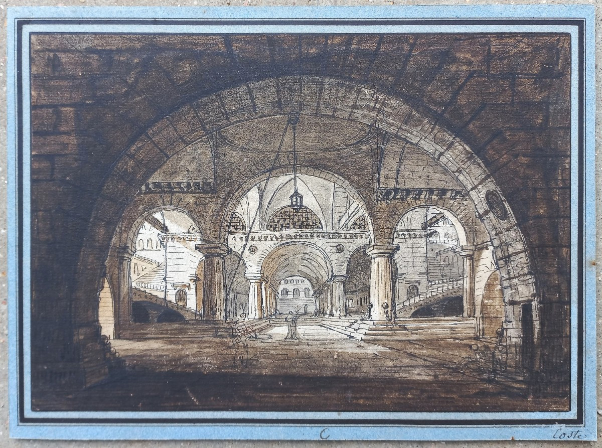 Jean-Baptiste COSTE 1746-1819 Architecture imaginaire vers 1780 dessin néoclassique perspective