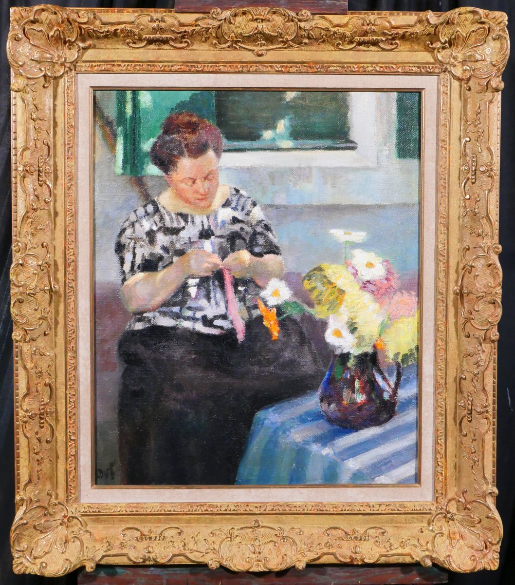 Marcel Dyf 1899-1985 Woman Sewing With A Vase Of Flowers, Painting, Circa 1930-40 Still Life-photo-2