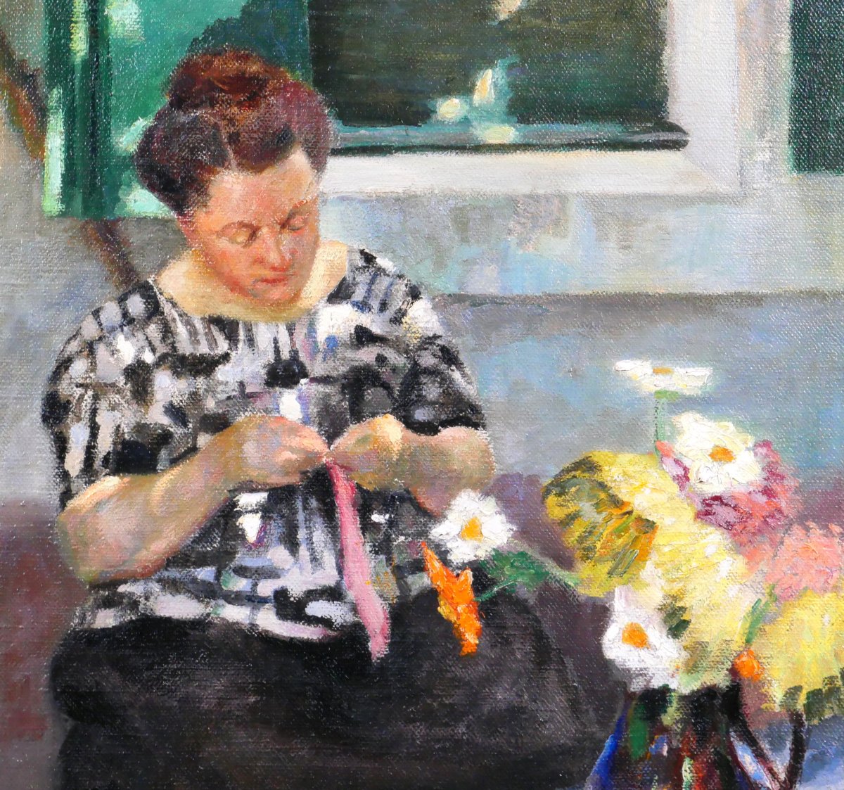 Marcel Dyf 1899-1985 Woman Sewing With A Vase Of Flowers, Painting, Circa 1930-40 Still Life-photo-3