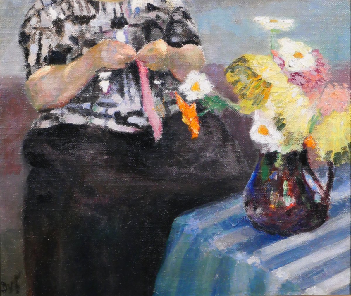 Marcel Dyf 1899-1985 Woman Sewing With A Vase Of Flowers, Painting, Circa 1930-40 Still Life-photo-4