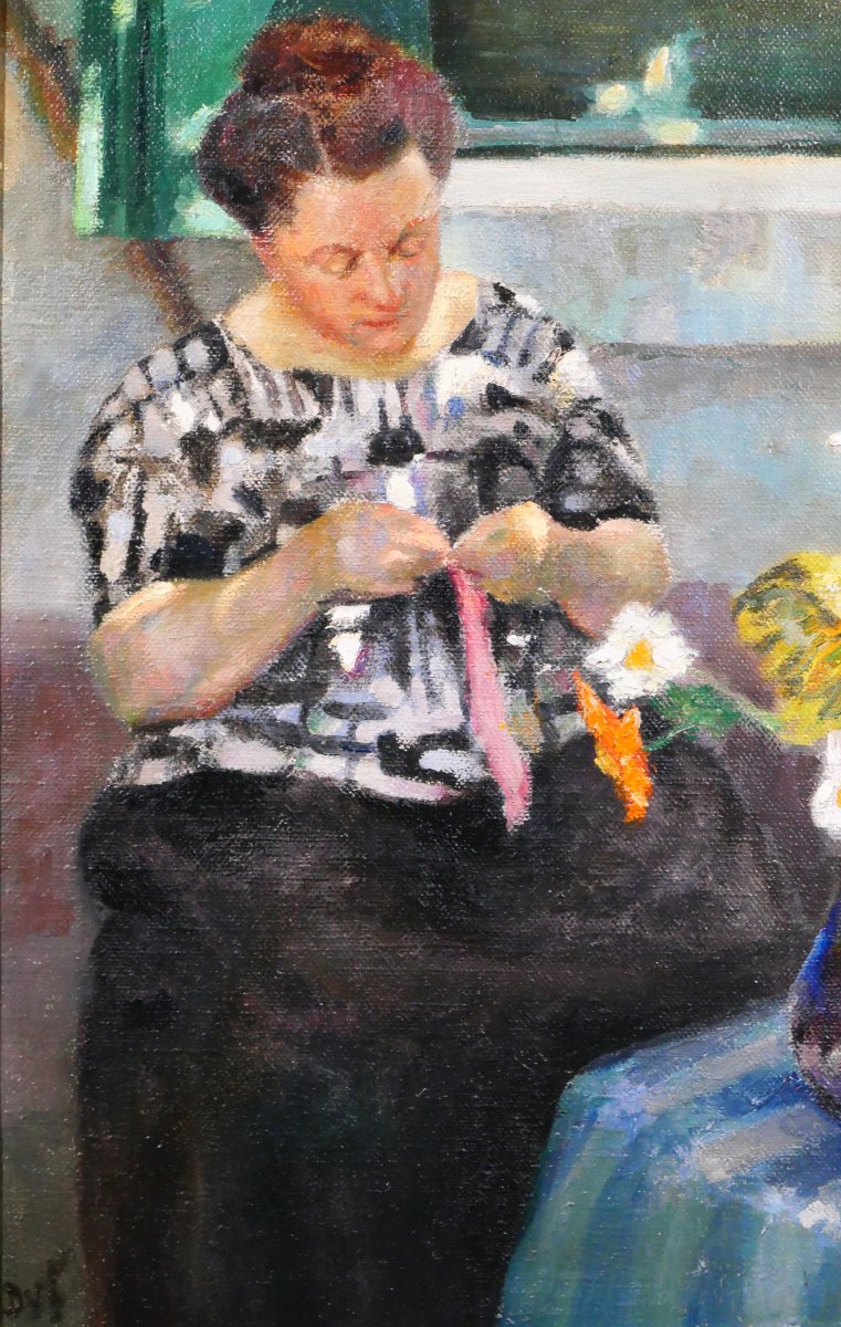 Marcel Dyf 1899-1985 Woman Sewing With A Vase Of Flowers, Painting, Circa 1930-40 Still Life-photo-4