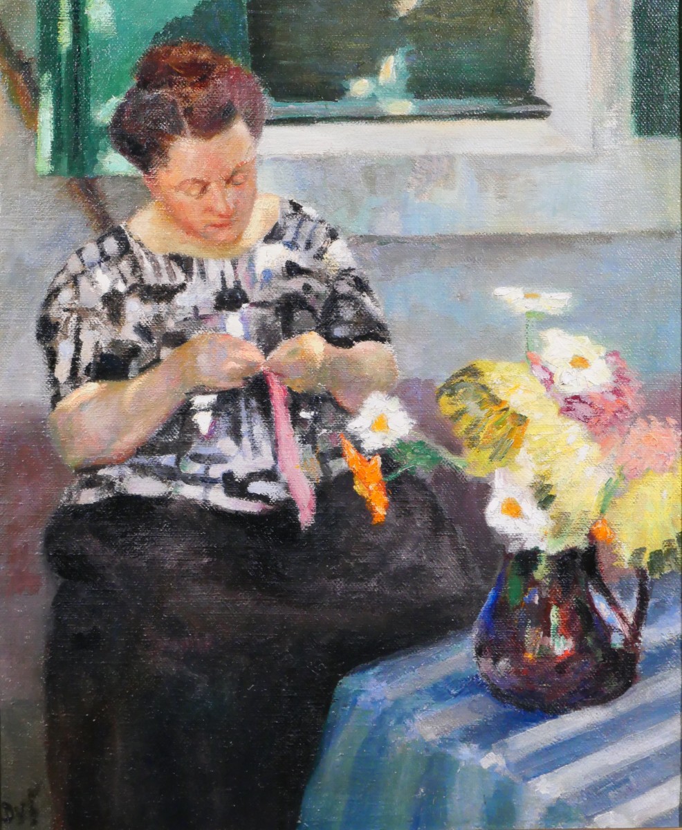 Marcel Dyf 1899-1985 Woman Sewing With A Vase Of Flowers, Painting, Circa 1930-40 Still Life