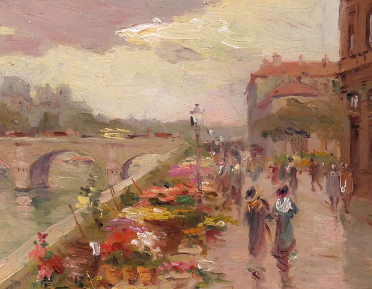 Léon Ballin 19-20e Paris, The Dock Of Flowers And The Town Hall, Landscape, Painting 1890-1900-photo-1