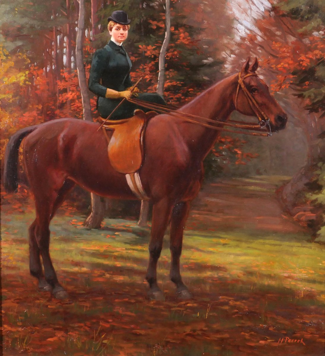 Henri Perret-Carnot 1859-1948 Amazone à cheval, portrait de femme, tableau vers 1900 paysage-photo-4
