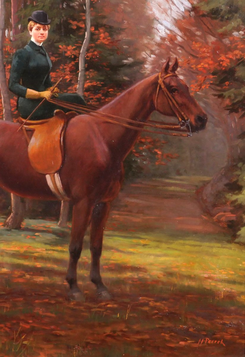 Henri Perret-Carnot 1859-1948 Amazone à cheval, portrait de femme, tableau vers 1900 paysage-photo-3