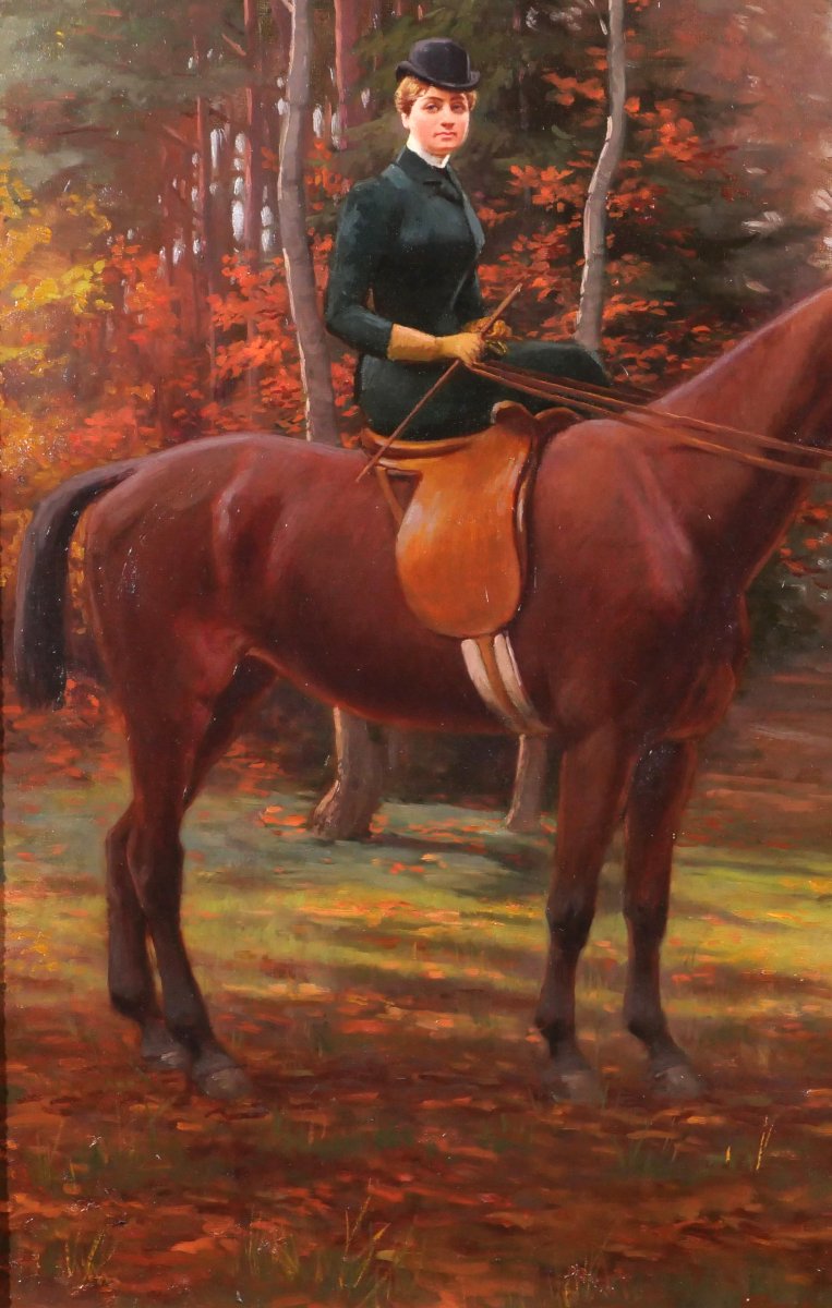 Henri Perret-Carnot 1859-1948 Amazone à cheval, portrait de femme, tableau vers 1900 paysage-photo-4