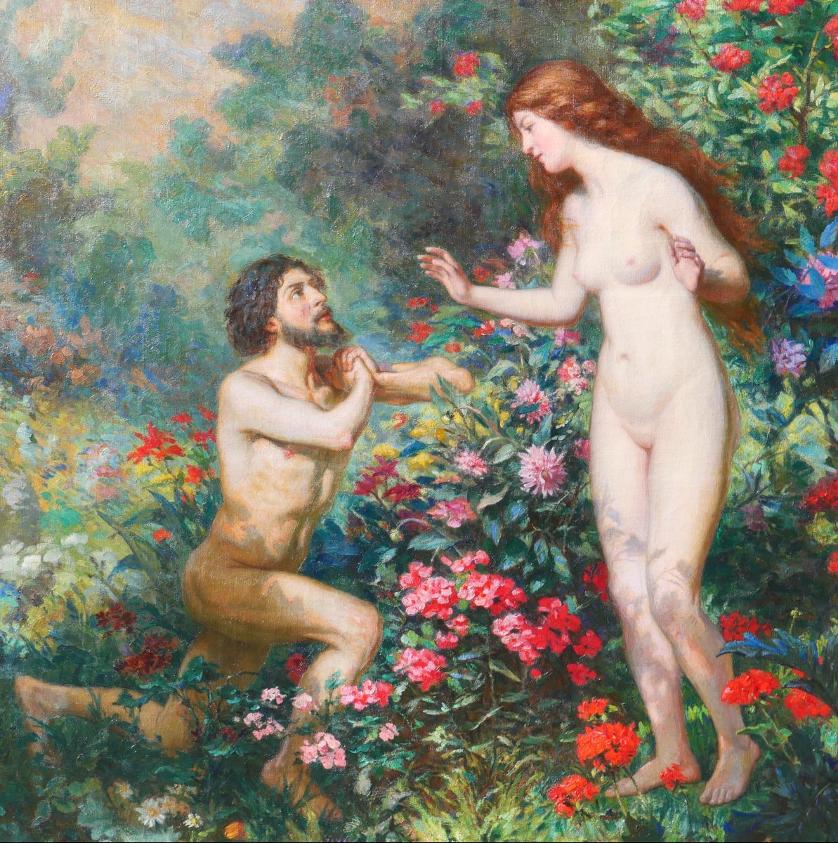 Théophile BERNET 1865-1933 La rencontre, Adam et Eve, grand tableau, Salon 1913 fleurs jardin-photo-1