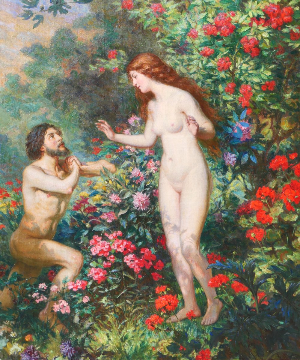 Théophile BERNET 1865-1933 La rencontre, Adam et Eve, grand tableau, Salon 1913 fleurs jardin-photo-4