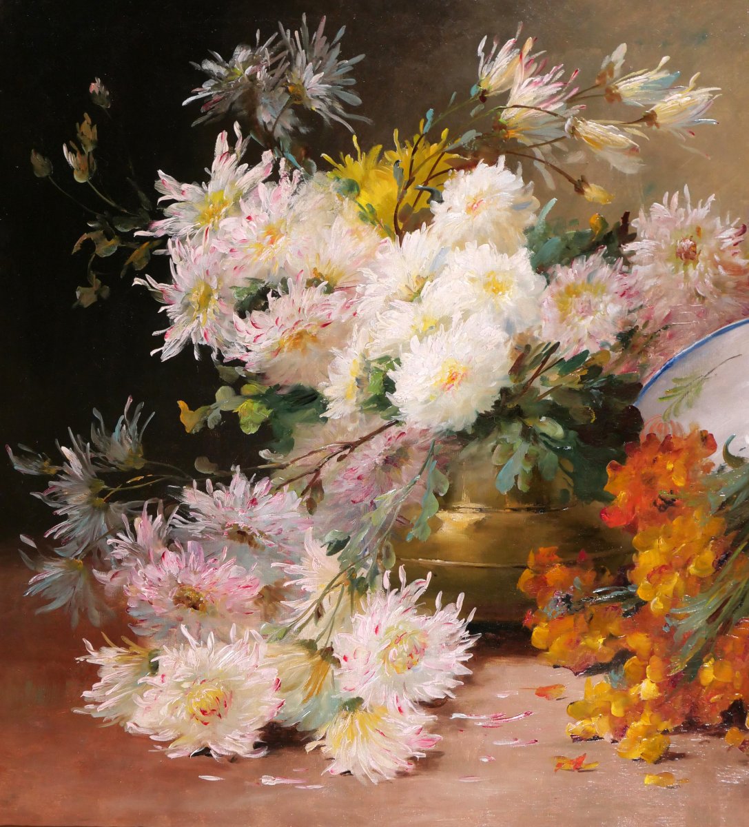 Emile GODCHAUX 1860-1938 Bouquet de fleurs, grand tableau vers 1900, nature morte jardin-photo-3