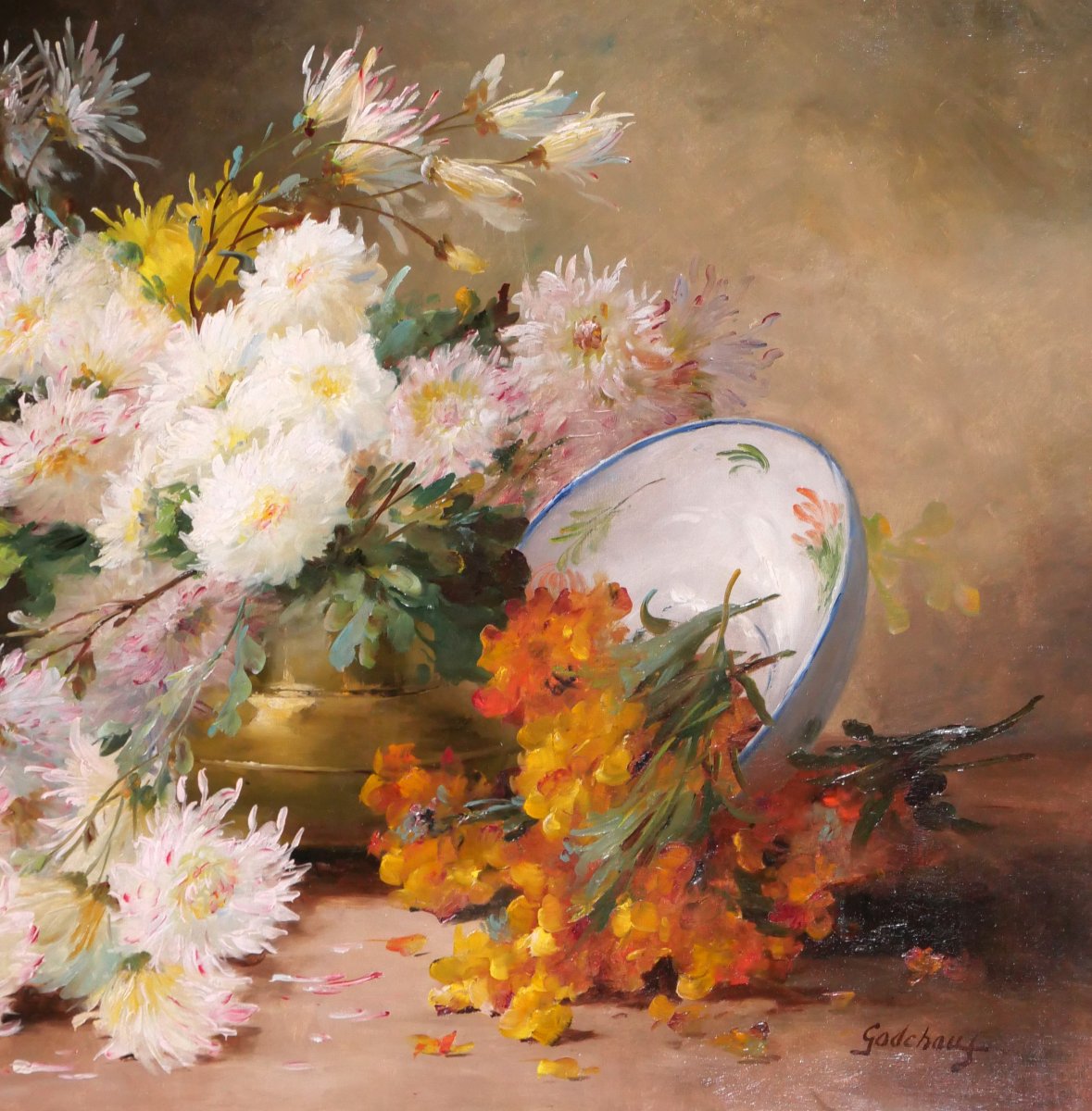 Emile GODCHAUX 1860-1938 Bouquet de fleurs, grand tableau vers 1900, nature morte jardin-photo-4