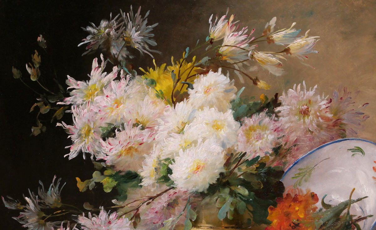 Emile GODCHAUX 1860-1938 Bouquet de fleurs, grand tableau vers 1900, nature morte jardin-photo-1