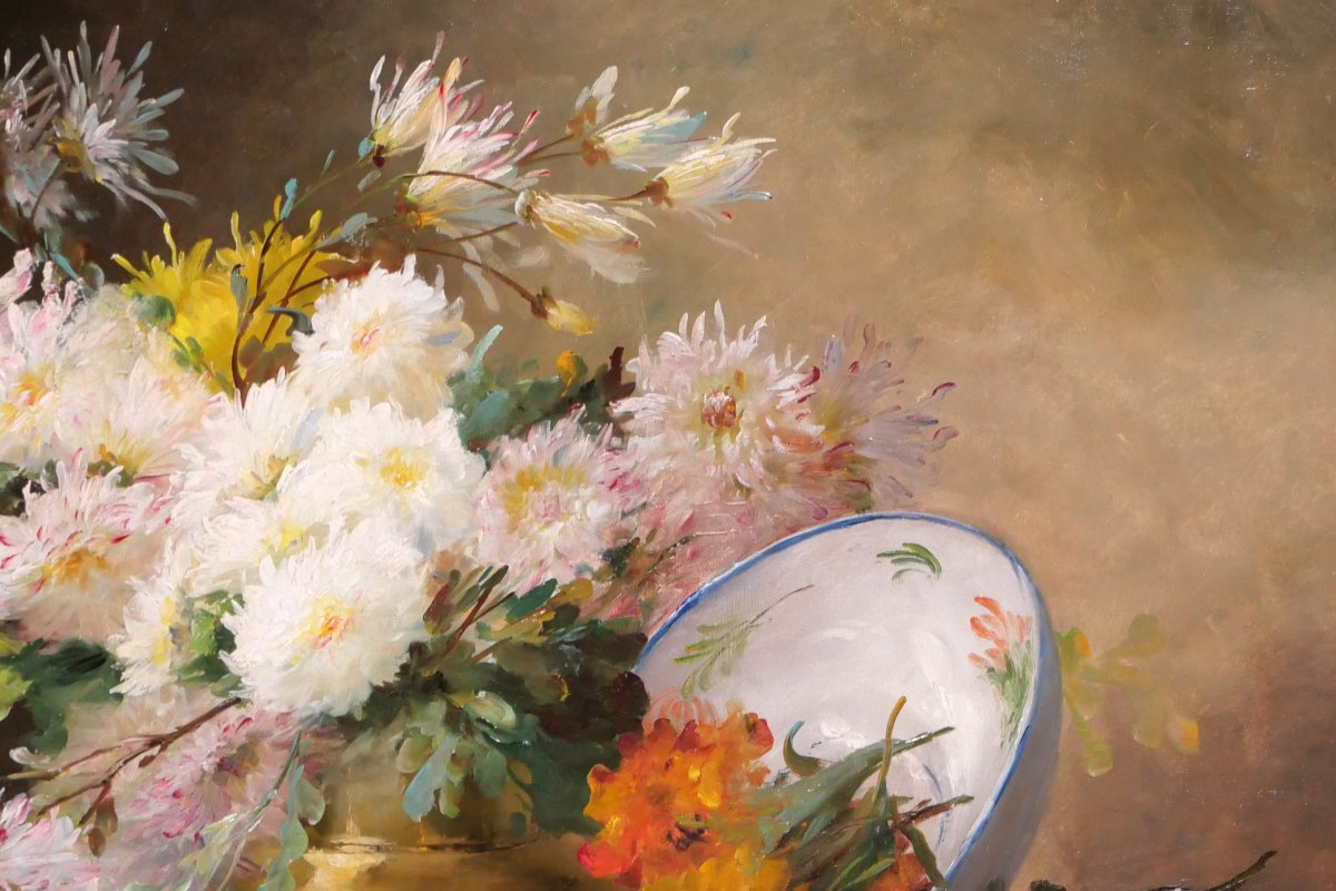 Emile GODCHAUX 1860-1938 Bouquet de fleurs, grand tableau vers 1900, nature morte jardin-photo-2