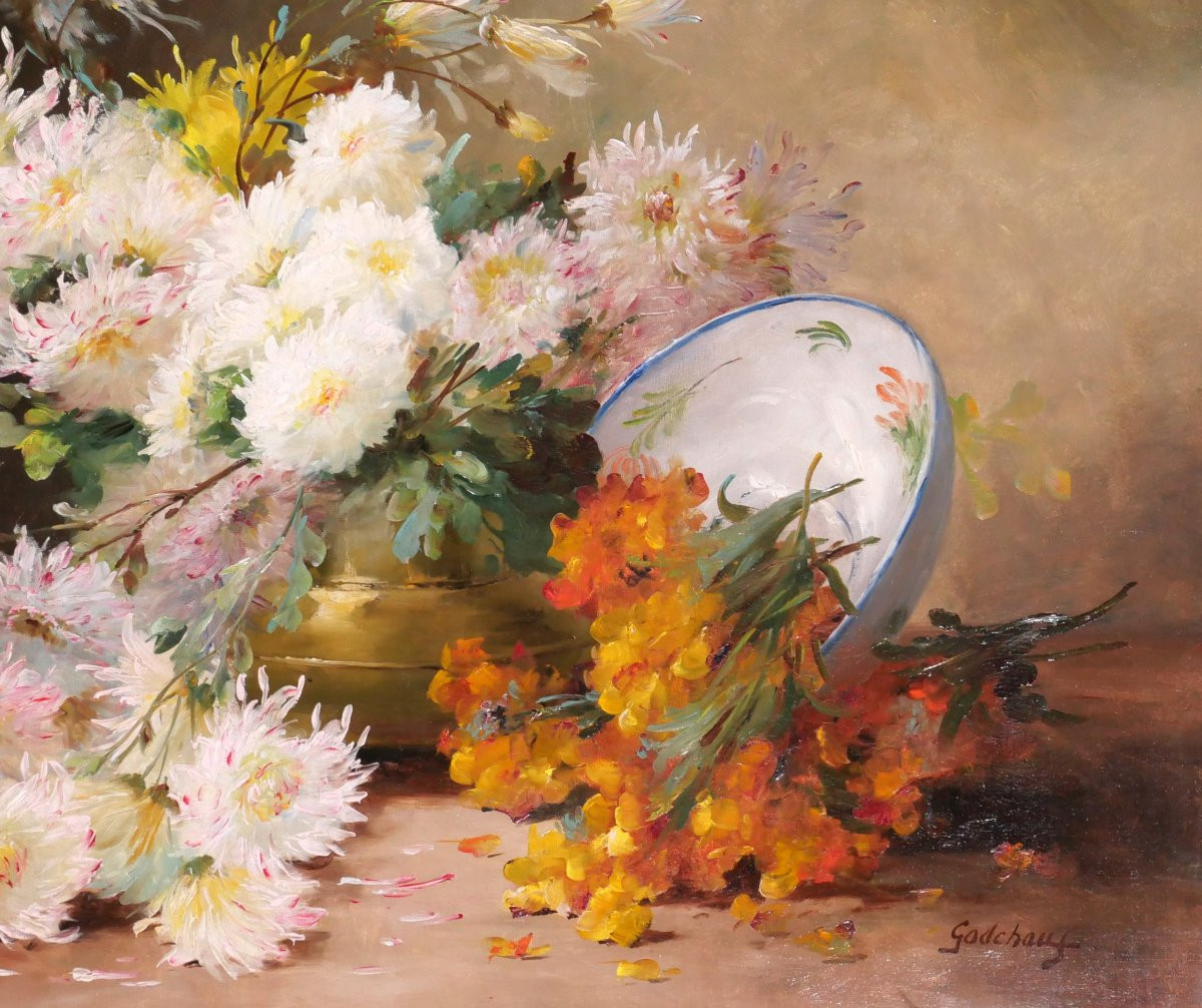 Emile GODCHAUX 1860-1938 Bouquet de fleurs, grand tableau vers 1900, nature morte jardin-photo-3