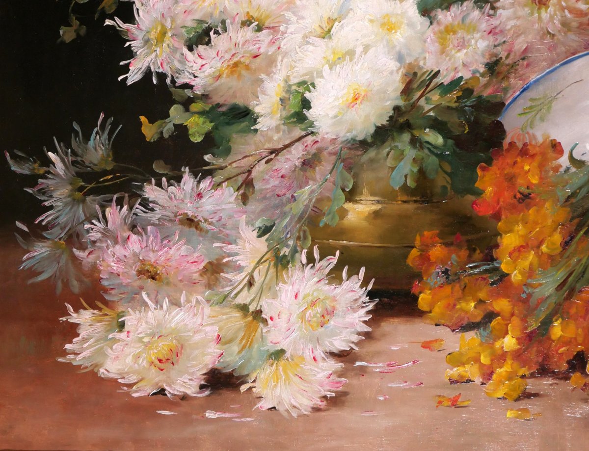 Emile GODCHAUX 1860-1938 Bouquet de fleurs, grand tableau vers 1900, nature morte jardin-photo-4