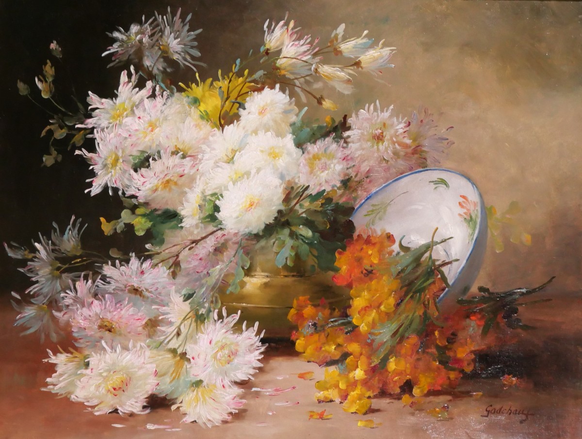 Emile GODCHAUX 1860-1938 Bouquet de fleurs, grand tableau vers 1900, nature morte jardin