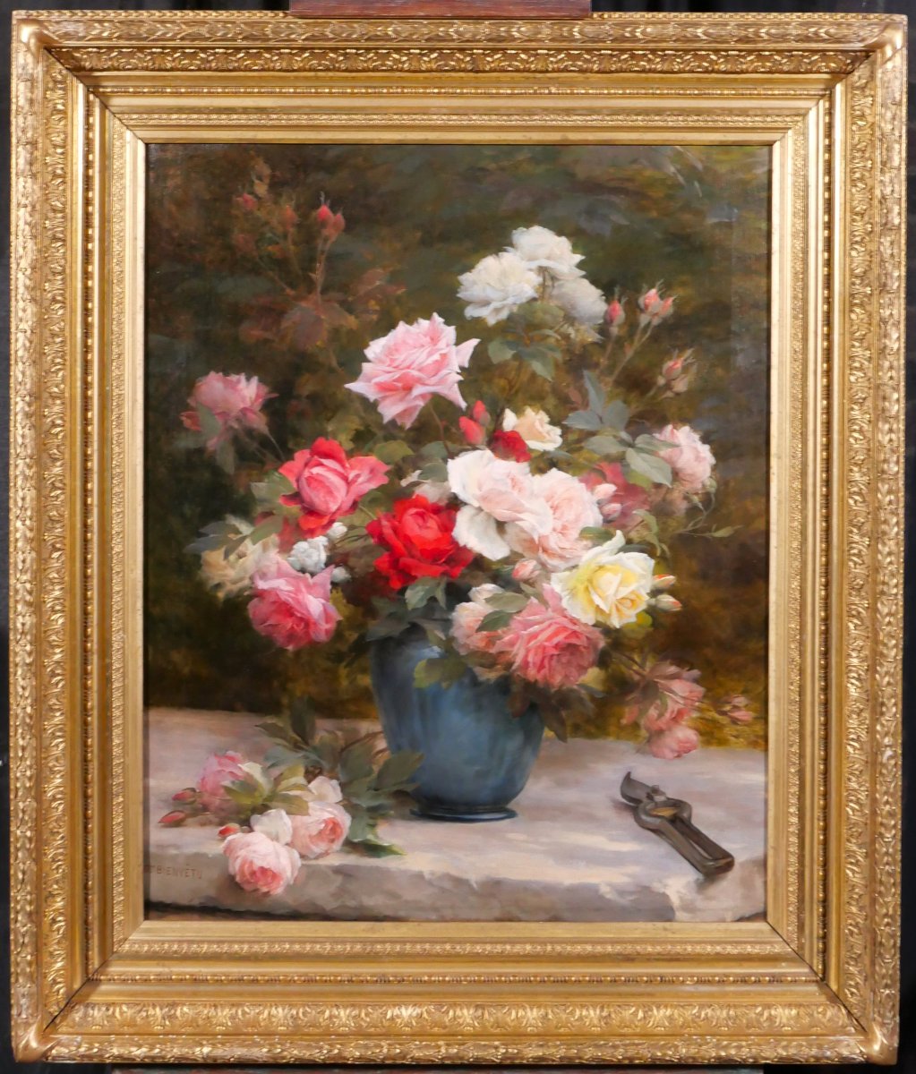 Gustave Bienvetu 1850-1916 Bouquet Of Roses, Large Painting 1902 Flowers Garden Still Life-photo-2