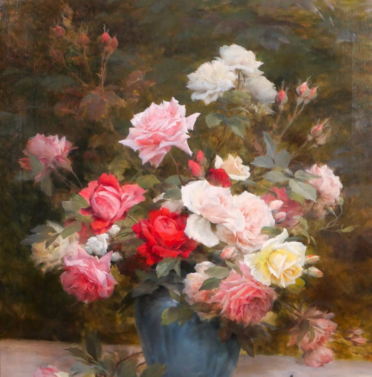 Gustave Bienvetu 1850-1916 Bouquet Of Roses, Large Painting 1902 Flowers Garden Still Life-photo-3