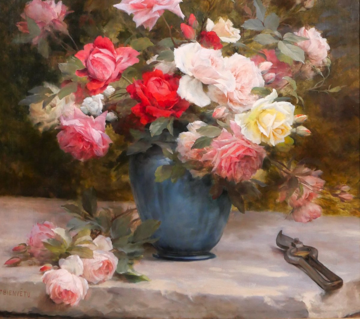 Gustave Bienvetu 1850-1916 Bouquet Of Roses, Large Painting 1902 Flowers Garden Still Life-photo-4