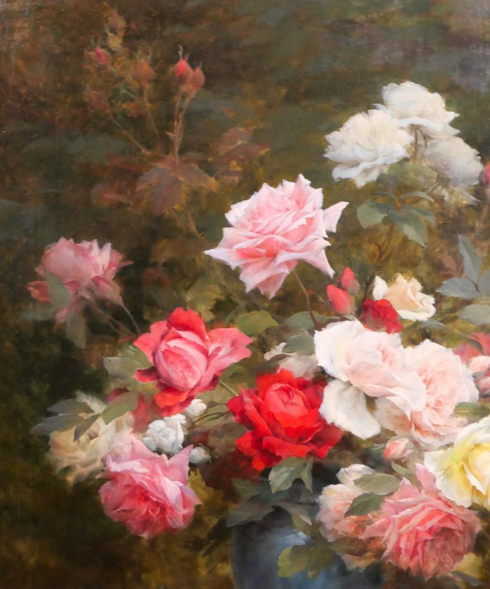Gustave Bienvetu 1850-1916 Bouquet Of Roses, Large Painting 1902 Flowers Garden Still Life-photo-1