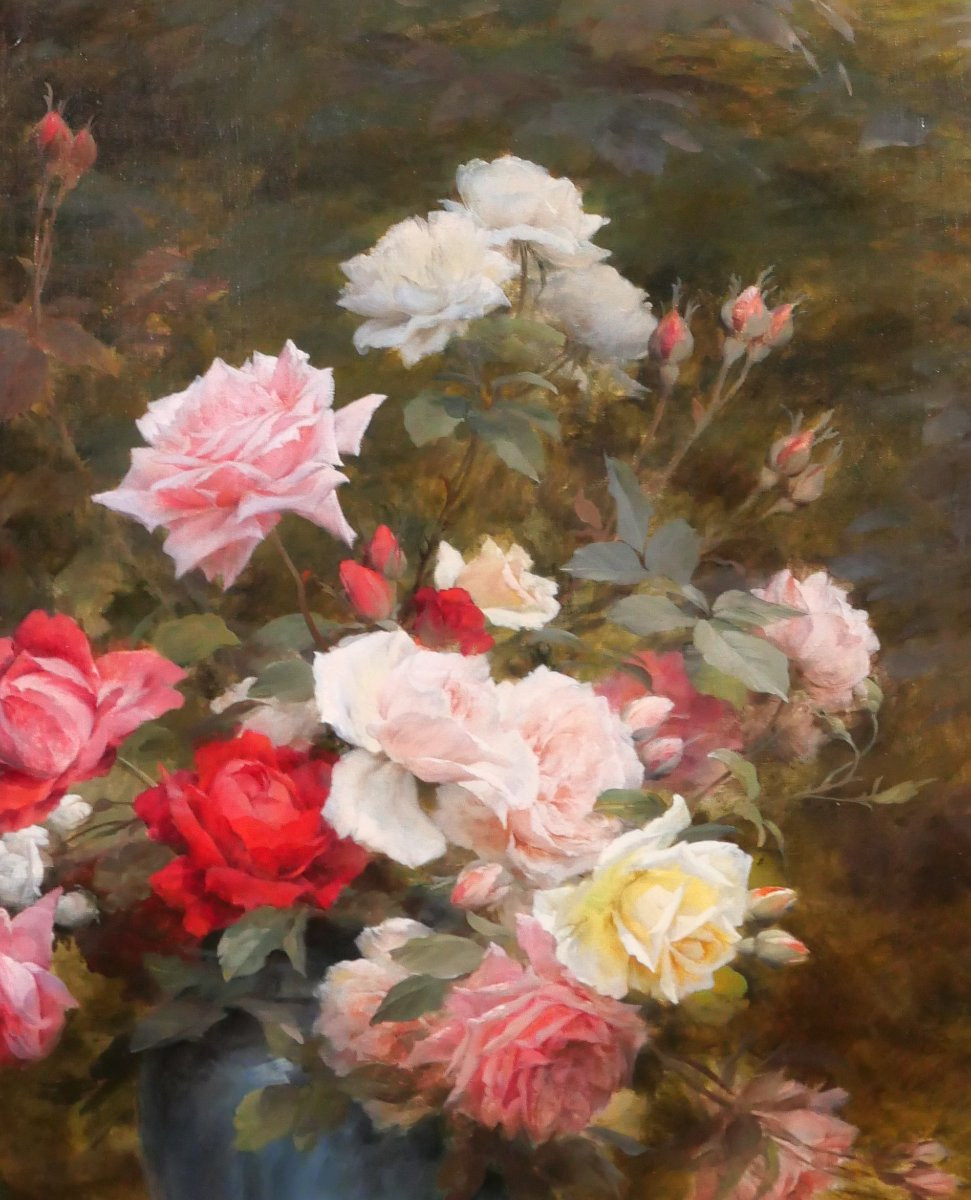 Gustave Bienvetu 1850-1916 Bouquet Of Roses, Large Painting 1902 Flowers Garden Still Life-photo-2
