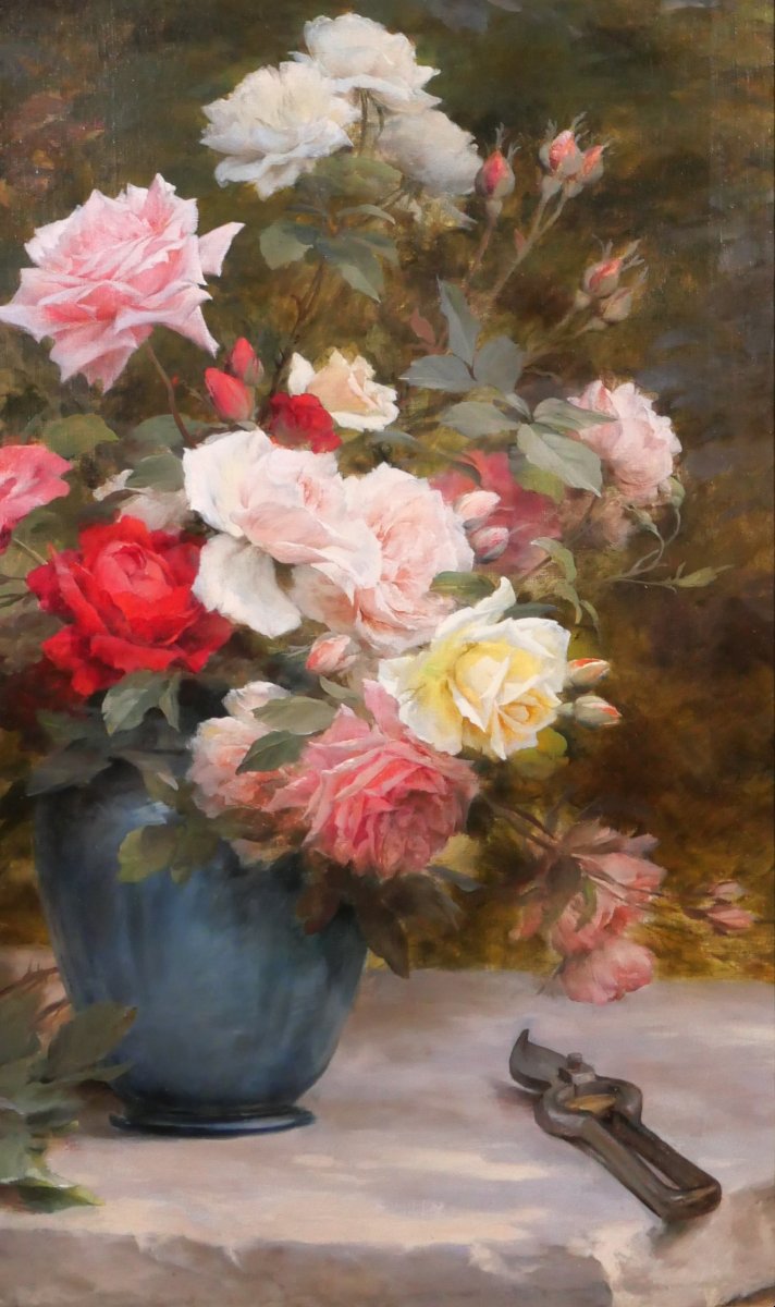 Gustave Bienvetu 1850-1916 Bouquet Of Roses, Large Painting 1902 Flowers Garden Still Life-photo-3