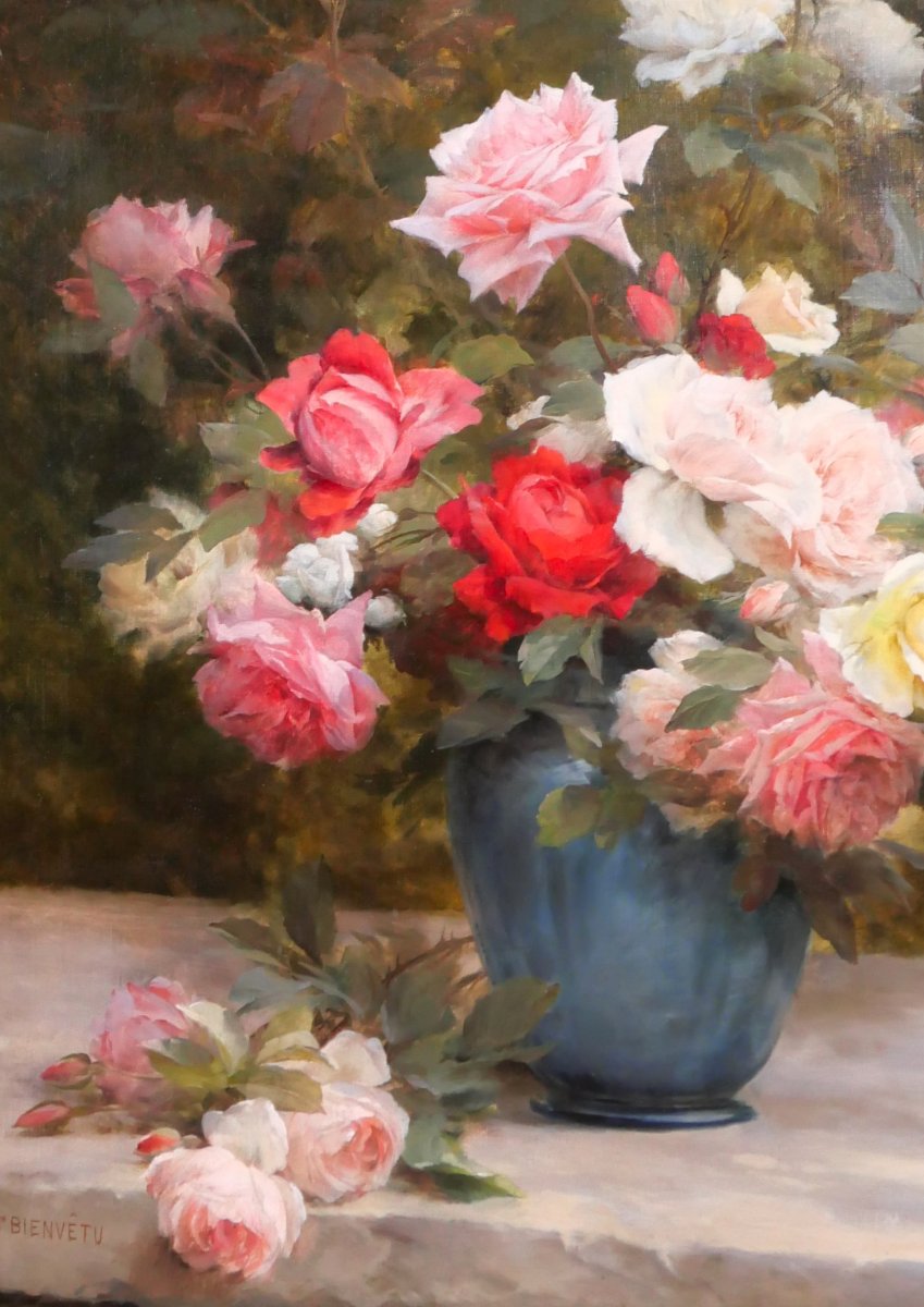 Gustave Bienvetu 1850-1916 Bouquet Of Roses, Large Painting 1902 Flowers Garden Still Life-photo-4