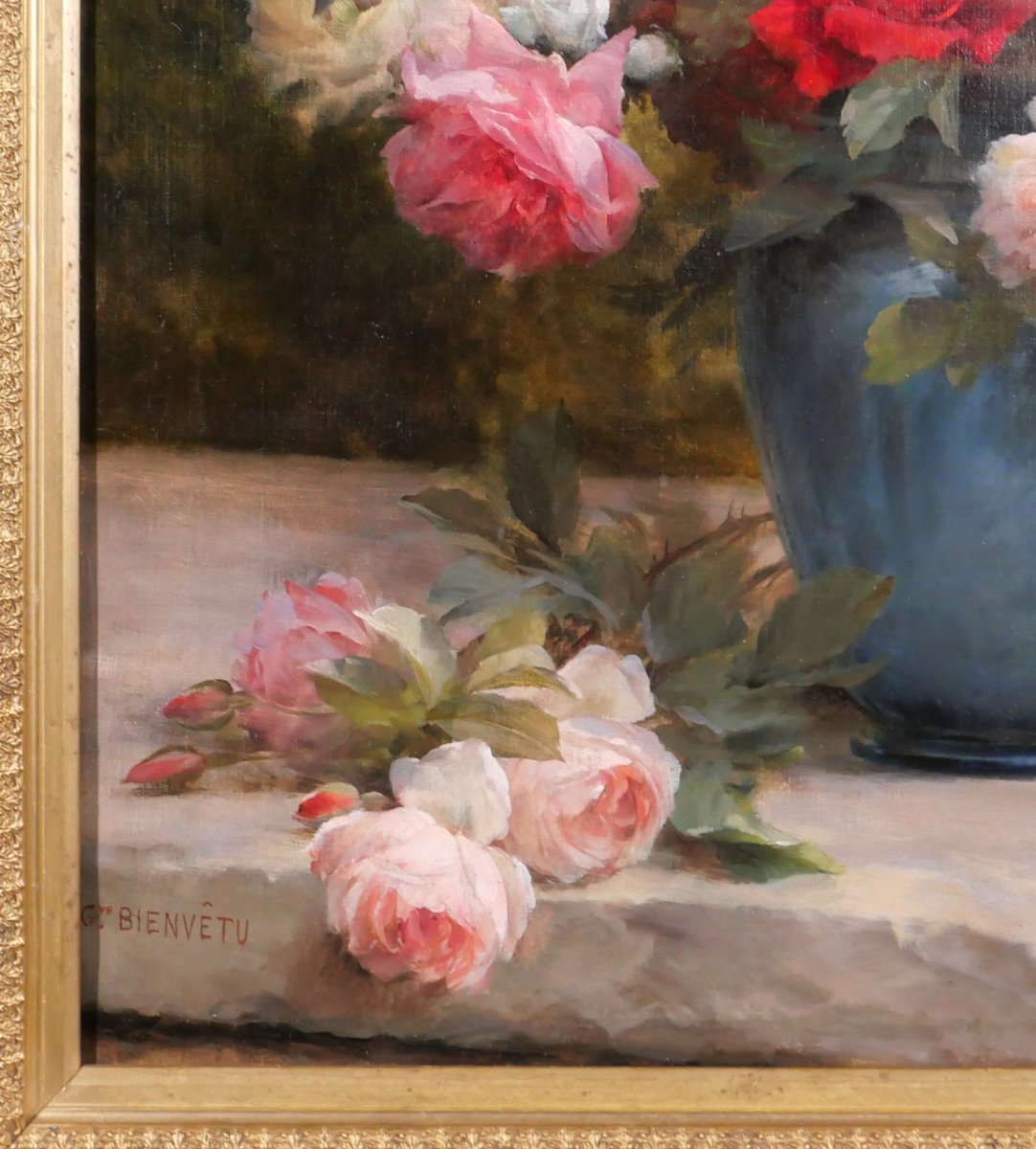 Gustave Bienvetu 1850-1916 Bouquet Of Roses, Large Painting 1902 Flowers Garden Still Life-photo-5